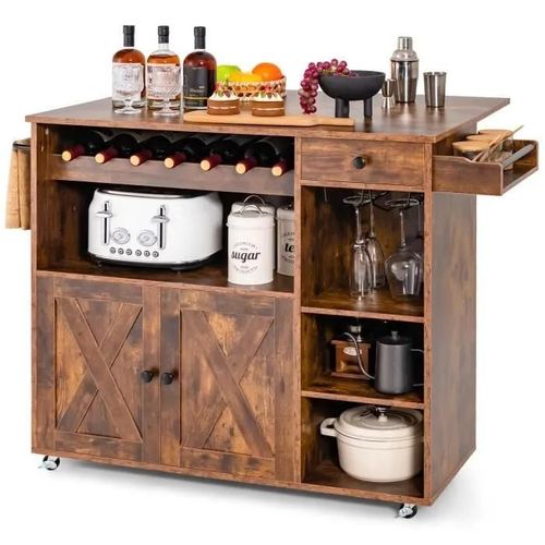 Costway Desserte De Cuisine À Roulettes -Plans De Travail Rabattable Casier À Vin Porte-Verres Porte-Épices - Îlot De Cuisine-Marron