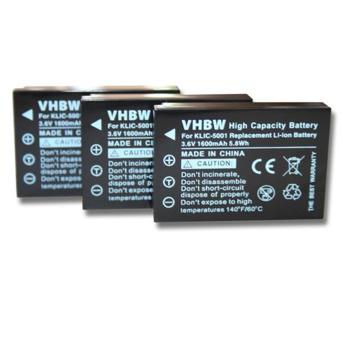 vhbw 3x Batterie compatible avec Kodak EasyShare P712, P850, P880, DX7440(H), DX7590, DX7630, DX3600, DX6490 appareil photo (1600mAh, 3,6V, Li-ion)