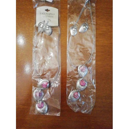 Lot 2 Parures Bijoux Rose Collier Boucles