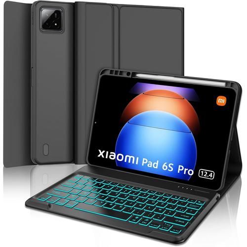 Clavier Xiaomi Pad 6s Pro 12.4, Coque Clavier Xiaomi Pad 6s Pro 12.4, Azerty Français Clavier Rétroéclairé 7 Couleurs, Étui Clavier Détachable Bluetooth Pour Xiaomi Pad 6s Pro 12.4 Pouces 2024, Nori