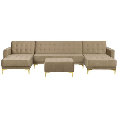 Canapé En U Avec Pouf Ottoman Aberdeen Beige Sable Velours Symétrique