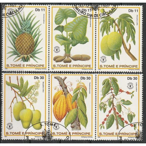Série Complète De 6 Timbres Oblitérés 1981 Sao Tomé Et Principe (2 Triptyques). Plantes N° 653 À 658