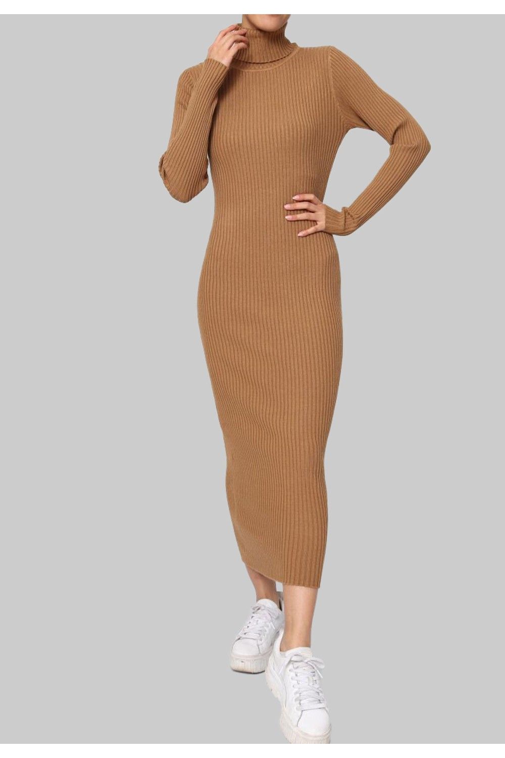 Robe Col Roulé Marron Femme