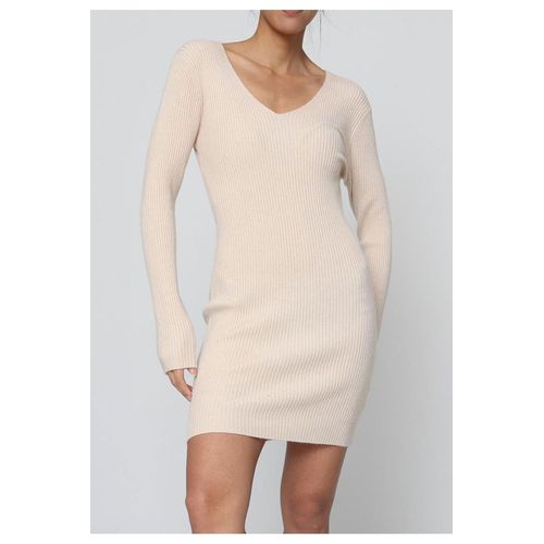 Robe Col V Beige Femme