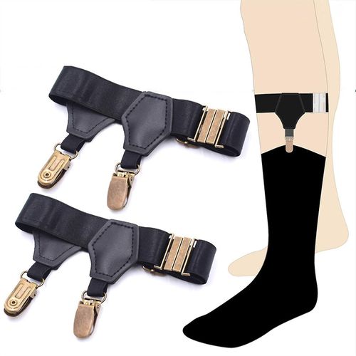 Hommes Femmes 1 Paire De Chaussettes Noires Porte-Bretelles Avec Double Métal Dur Clips Antidérapants Bas Ajustables Élastiques Jarretières Ceinture Accessoires De Costume