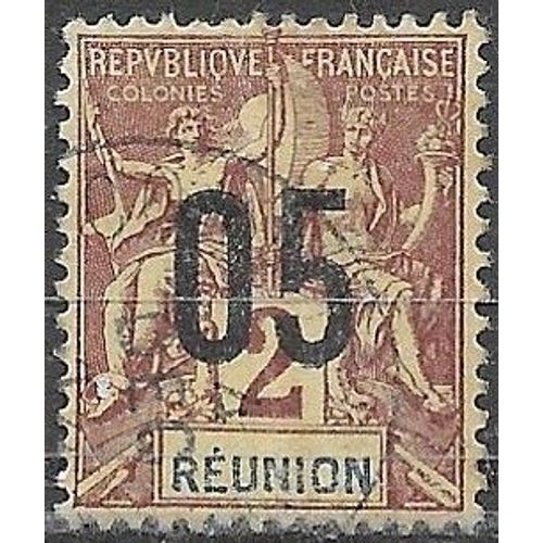 Ile De La Réunion, Colonie Française 1912, Beau Timbre Yvert 72, Typa Sage "Colonies", 2c. Brun Lilas Sur Paille, Surchargé "05", Oblitéré, Tbe.