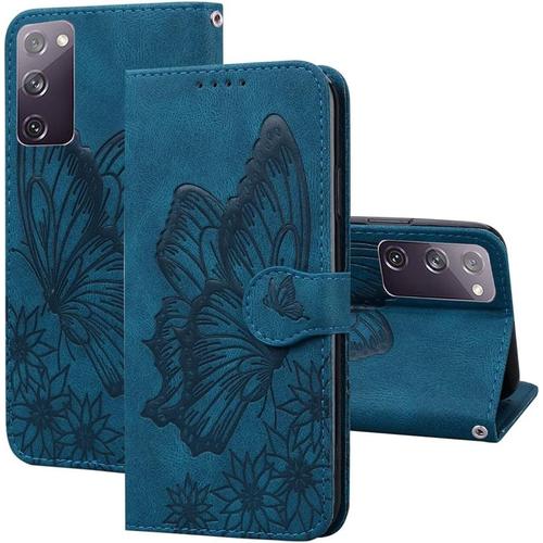 Cas De Pour Samsung Galaxy S20 Fe Sm G780 6 5 Pouces Pu Cuir Housse Flip Coque Papillon Rétro Motif Avec Built Stand Magnétique Fermeture Portefeuille Étui De Protection Bleu