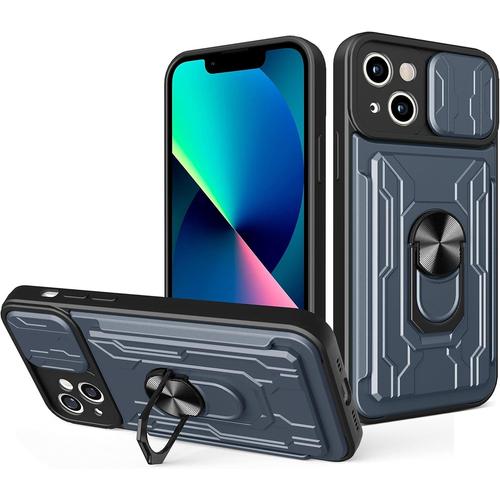 Coque Pour Iphone 13 6,1'' , Caméra Protection Glissante Etui Avec Carte Fente Anneau Support Militaire Renforcée Rigide Pc Et Tpu Silicone Bumper Housse Antichoc \U2013 Gris Argenté