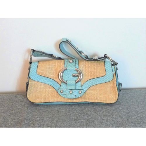 Sac à Main à Anse en Simili Cuir Bleu Turquoise et Paille- Neuf- Guess