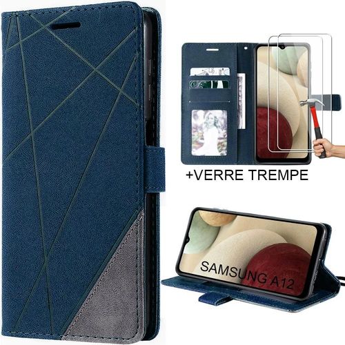 Coque Pour Samsung Galaxy A12 + 2 Verres Trempés - Coque Rabat Bleu Marine Anti Rayure Élégante - Booling