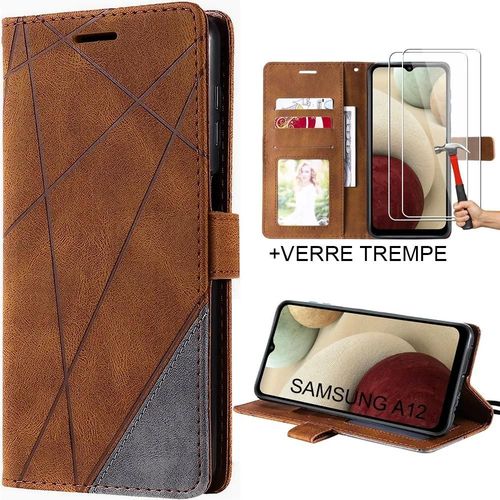 Coque Pour Samsung Galaxy A12 Effet Cuir Marron + 2 Verres Trempés Anti-Rayures - Booling