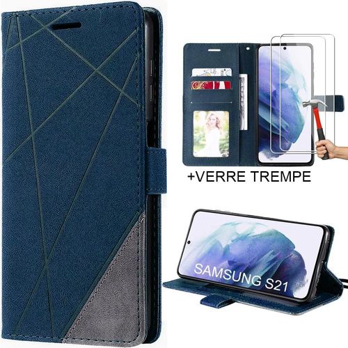 Coque Pour Samsung Galaxy S21 Effet Cuir Anti-Rayures Bleu Marine + 2 Verres Trempés - Booling