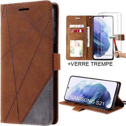 Coque Pour Samsung Galaxy S21 Avec 2 Verres Trempés - Cuir Pu Antichoc Intégral Marron - Booling
