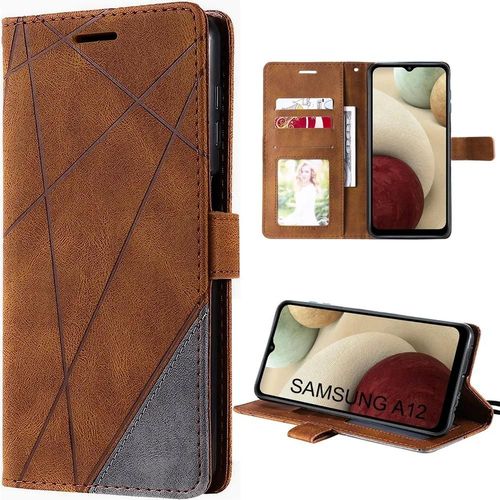Coque Pour Samsung Galaxy A12 Marron Antichoc Anti-Rayures Souple Porte-Carte Portefeuille - Booling