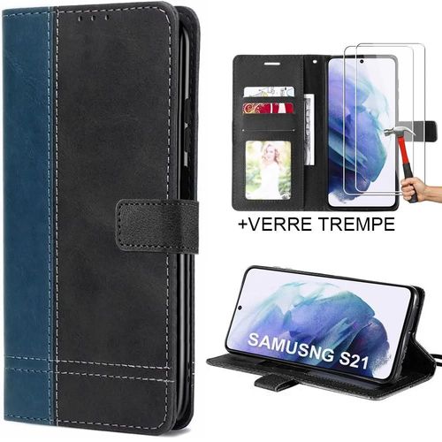 Coque Pour Samsung Galaxy S21 Avec 2 Verres Trempés - Protection Effet Cuir Bleu Marine/Noir - Booling