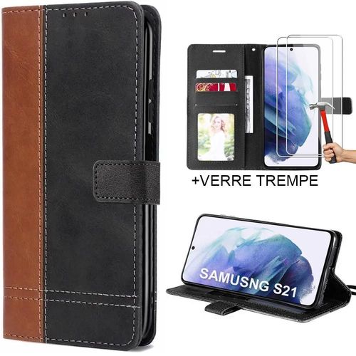 Coque Pour Samsung Galaxy S21 Avec 2 Verres Trempés, Protection Synthécuir Marron/Noir Bicolore - Booling