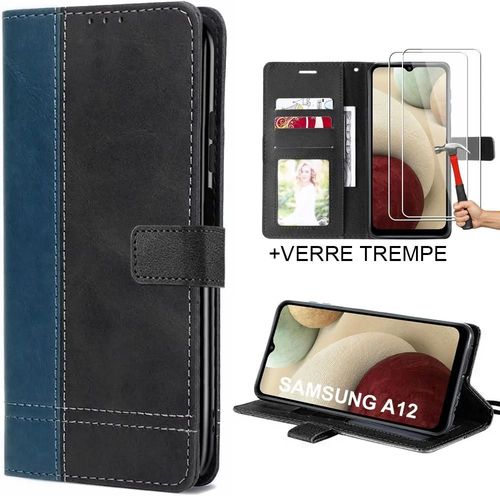 Coque Pour Samsung Galaxy A12 + 2 Verres Trempés, Antichoc Synthécuir Bleu Marine/Noir - Booling
