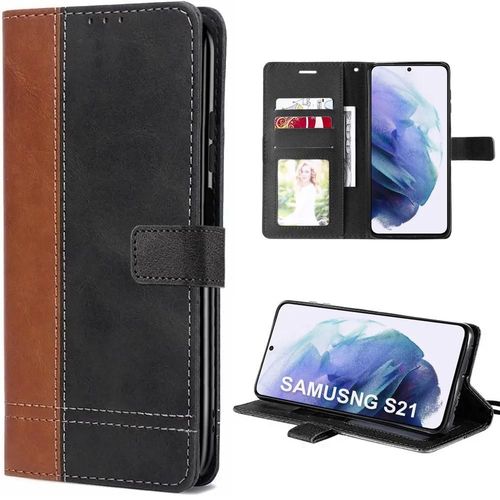 Coque Pour Samsung Galaxy S21 Fermeture Magnétique Effet Cuir Élégant Pliable Noir/Marron - Booling