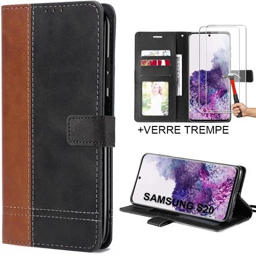 2 Verres Trempés+ Coque Pour Samsung S20 - Anti-Rayures Effet Cuir Marron Bicolore - Booling