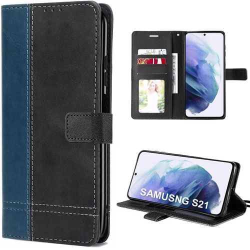 Coque Pour Samsung Galaxy S21 - Rabat Cuir Synthétique Bicolore Bleu Marine/Noir - Booling