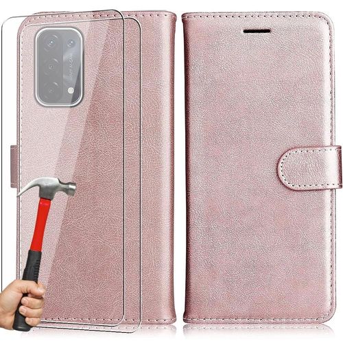 Coque + 2 Verres Trempés Pour Oppo A74 5g Coque Effet Cuir Elégant Fermeture Magnétique - Rose - Booling