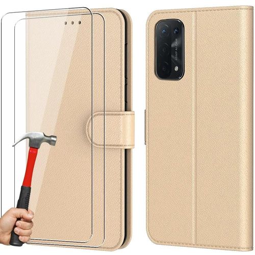 Coque Portefeuille Pour Oppo A54 5g Doré Effet Cuir + 2 Verres Trempés Anti-Rayures - Booling