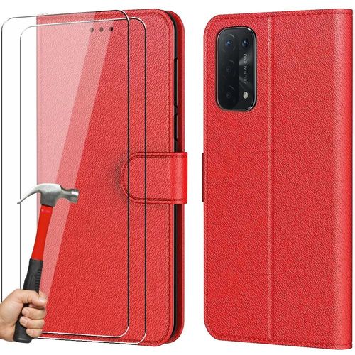Coque Pour Oppo A54 5g + 2 Verres Trempés, Protection Effet Cuir Rouge Fermeture Magnétique - Booling