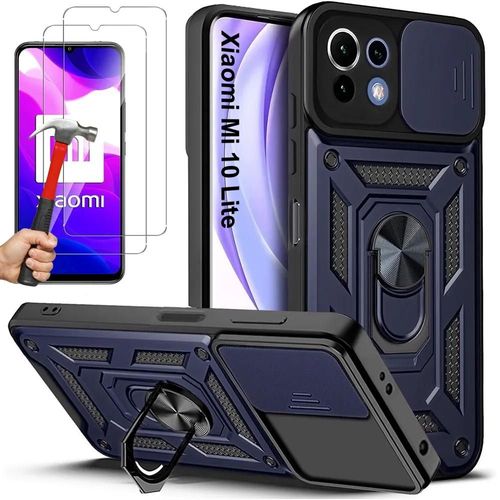 Pack De 2 Verres Trempés + Coque Pour Xiaomi Mi 10 Lite Bleu Marine Anti-Rayure Antichoc Bordure Renforcée Anneau Arrière - Booling