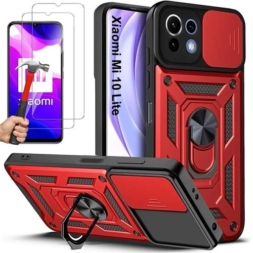 Coque Pour Xiaomi Mi 10 Lite Rouge + 2 Verres Trempés, Coque Antichoc Anti-Rayure Rigide - Booling