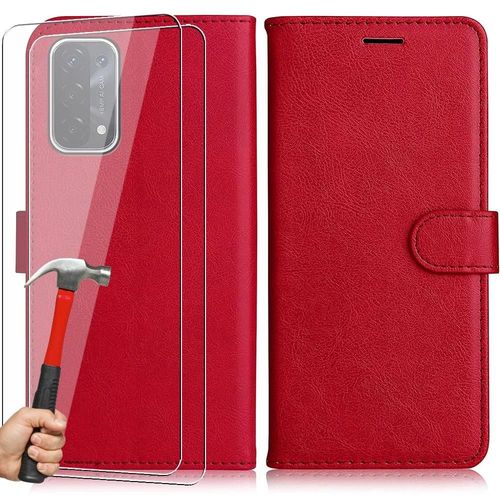 Lot De 2 Verres Trempés+ Coque Pour Oppo A74 5g Intégrale Anti-Rayure Effet Cuir Rouge - Booling