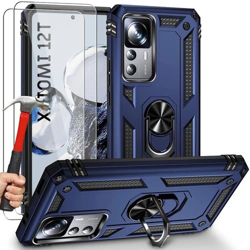 Pack 2 Verres Trempés + Coque Pour Xiaomi 12t Pro / Xiaomi 12t - Bleu Marine Bordure Renforcée Antichoc - Booling