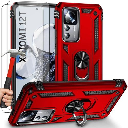 2 Verres Trempés Avec Coque Pour Xiaomi 12t / 12t Pro Rouge - Bumper Rigide Anneau Arrière Renforcé - Booling