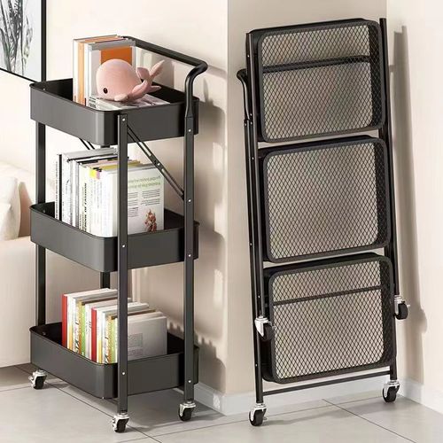 Desserte À Roulettes Pliante Noire | Chariot De Cuisine Roulant Et Pliable 3 Niveaux De Rangement | H 90 Cm X L 40 Cm X P 30 Cm