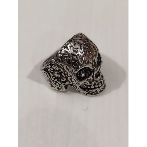 Bague Tête De Mort Fleurie,Metal Argente