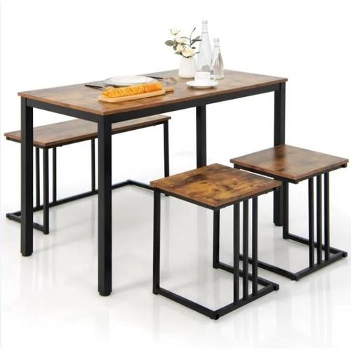 Costway Ensemble Table De Cuisine - 2 Banc - 2 Tabourets, Style Industriel, Cadre En Métal Marron Rustique Et Noir