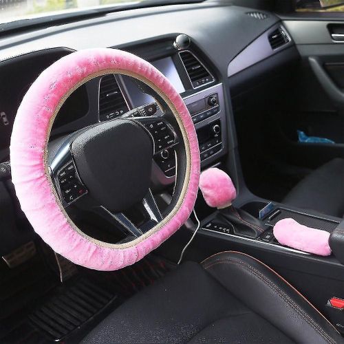 (Rose) Pack De 3 Housses De Volant De Voiture En Peluche Moelleuse Pour La Taille Universelle M 36-40cm Avec Couvercle De Frein À Main Et Couvercle De Levier De Vitesses-Zzy