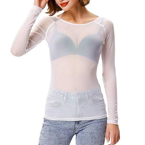 Femmes Transparent À Manches Longues Sans Couture Bras Shaper Top Maille Chemise Blouse 240576