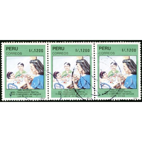Trois Timbres Oblitérés Peru, Correos, Pro Navidad Del Trabajador Postal Y Pro Comedores Infantiles Ley N° 24169, 1989, 1/.1200