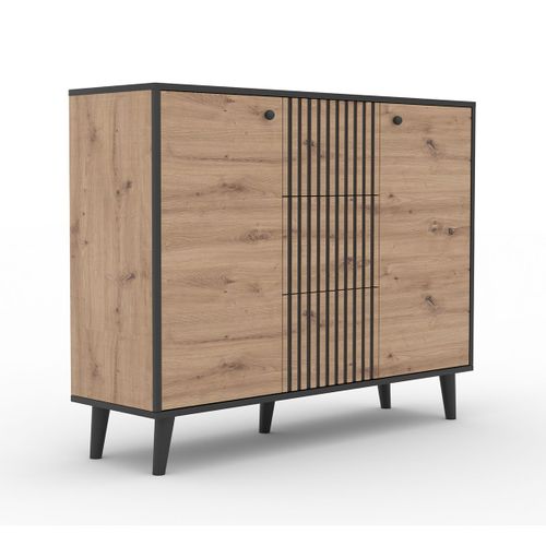 Buffet 2 Portes 3 Tiroirs Stratifiés Beige Et Noir