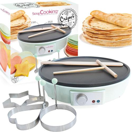 3899 Crêpière Crêpes Factory, Machine Électrique, Avec Plaque Chauffante Anti-Adhésive, Râteau, Spatule & 3 Moules Art, Vert D'Eau