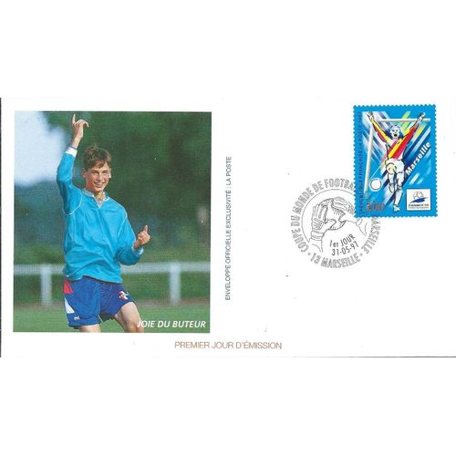 France 1997, Très Belle Enveloppe 1er Jour, Timbre Yvert 3075 Marseille, Coupe Du Monde De Football France 98, Belle Illustration Couleur : La Joie Du Buteur.