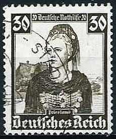 Allemagne, 3ème Reich 1935, Beau Timbre Yvert 555, Costume Et Coiffe De Frise, Au Profit Du Secours D'hiver, Filigrane Croix Gammées, Oblitéré, Tbe -