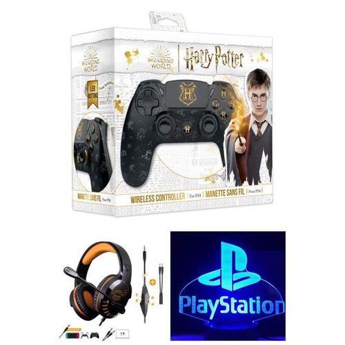 Manette Ps4 Bluetooth Harry Potter Noire Lumineuse 3.5 Jack + Casque Spirit Of Gamer Pro-H3 Ps4-Ps5 Playstation