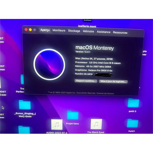 Apple iMac retina 27" 2019 Intel core i9 8 coeurs - Ram 48 Go - DD 1 To