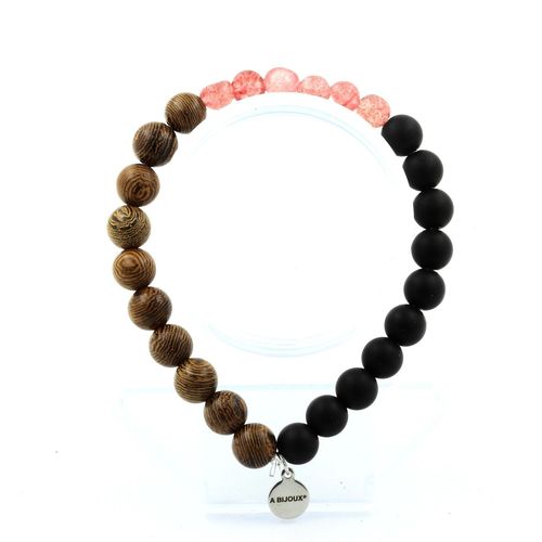 Bracelet Strawberry Quartz De Madagascar + Perles Onyx Noir Mat + Bois Fabriqué En France.