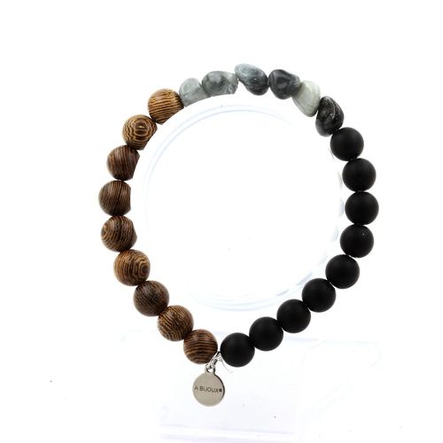Bracelet Oeil De Faucon D'afrique Du Sud + Perles Onyx Noir Mat + Bois Fabriqué En France.