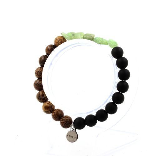 Bracelet Apatite Verte De Madagascar + Perles Onyx Noir Mat + Bois 8 Fabriqué En France.