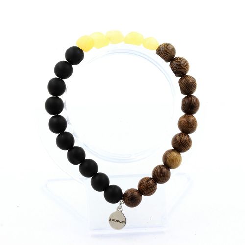 Bracelet Calcite Jaune Du Royaume-Uni + Perles Onyx Noir Mat + Bois 8 Fabriqué En France.