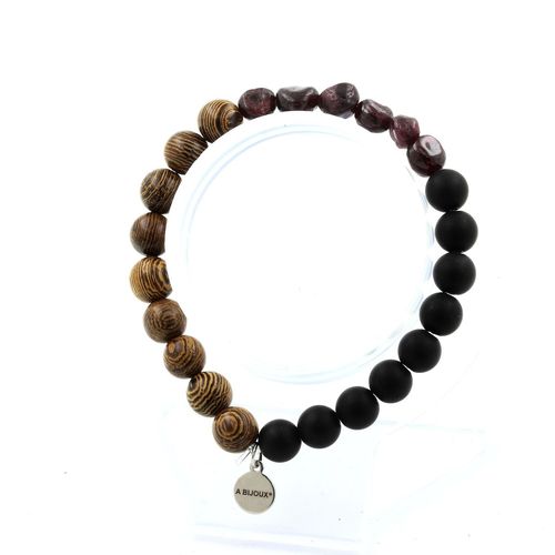 Bracelet Grenat Du Mozambique + Perles Onyx Noir Mat + Bois 8 Mm. Fabriqué En France.