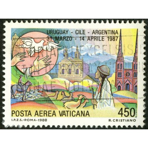 Timbre Oblitéré Posta Aerea Vaticana, Uruguay - Cile - Argentina, 31 Marzo - 14 Aprile 1987, 450